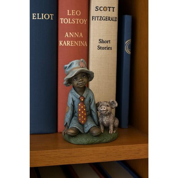 Whimsical Boy Figurine with Pig Companion – Vintage Style Collectible Statue - Picture 1 of 6